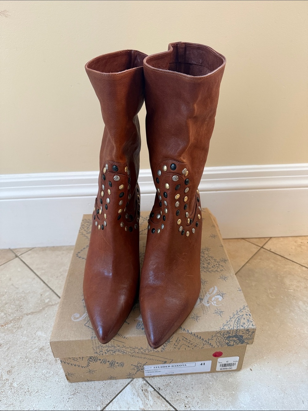 Free People Cognac Leather Studded Pointed-Toe Mid-Calf Boots